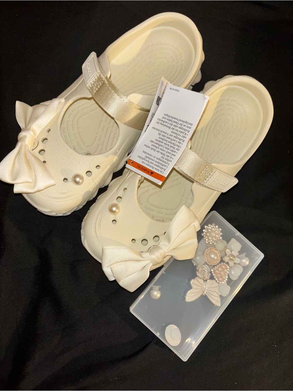 CROCS Pearl-Embellished Cream Mary Jane Clogs with Bows